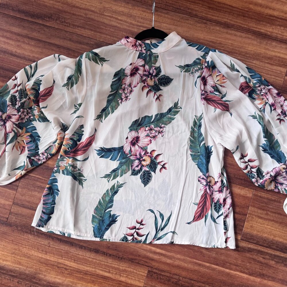Flying Tomato Women's Floral Mock Neck Billowy Blouse (Cream, Medium)